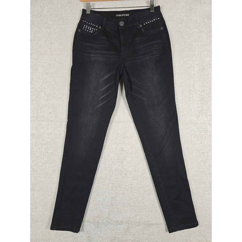Maurices Womens Studded Skinny Jeans Faded Black Whiskered Stretch S-Short 27x28